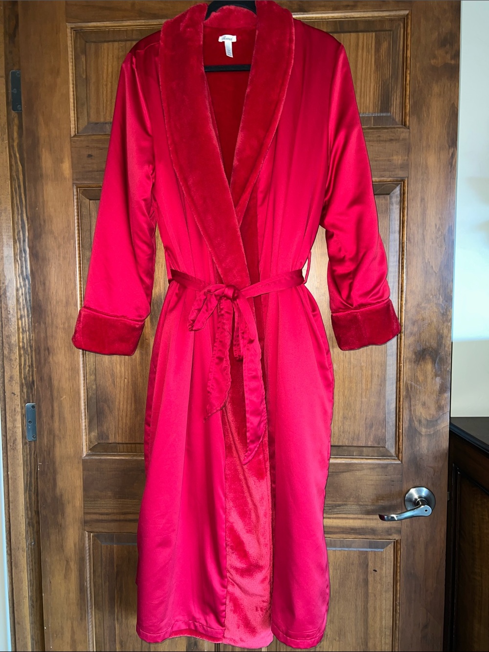 Soma Red Satin Robe with Velvet Trim